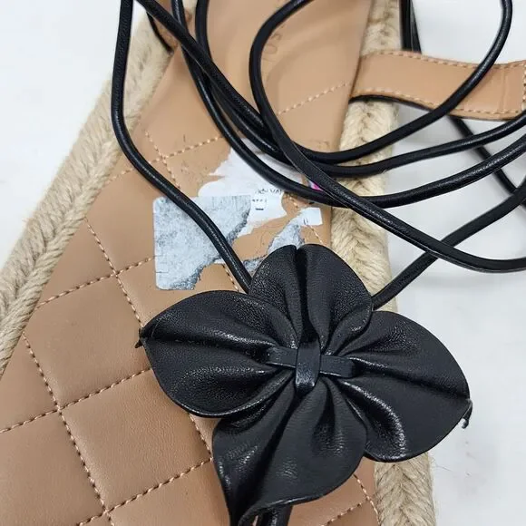 Aerosoles Fanie Lace Up Black Leather Flower Espadrilles Sandals Size 9.5 Black - Picture 6 of 14